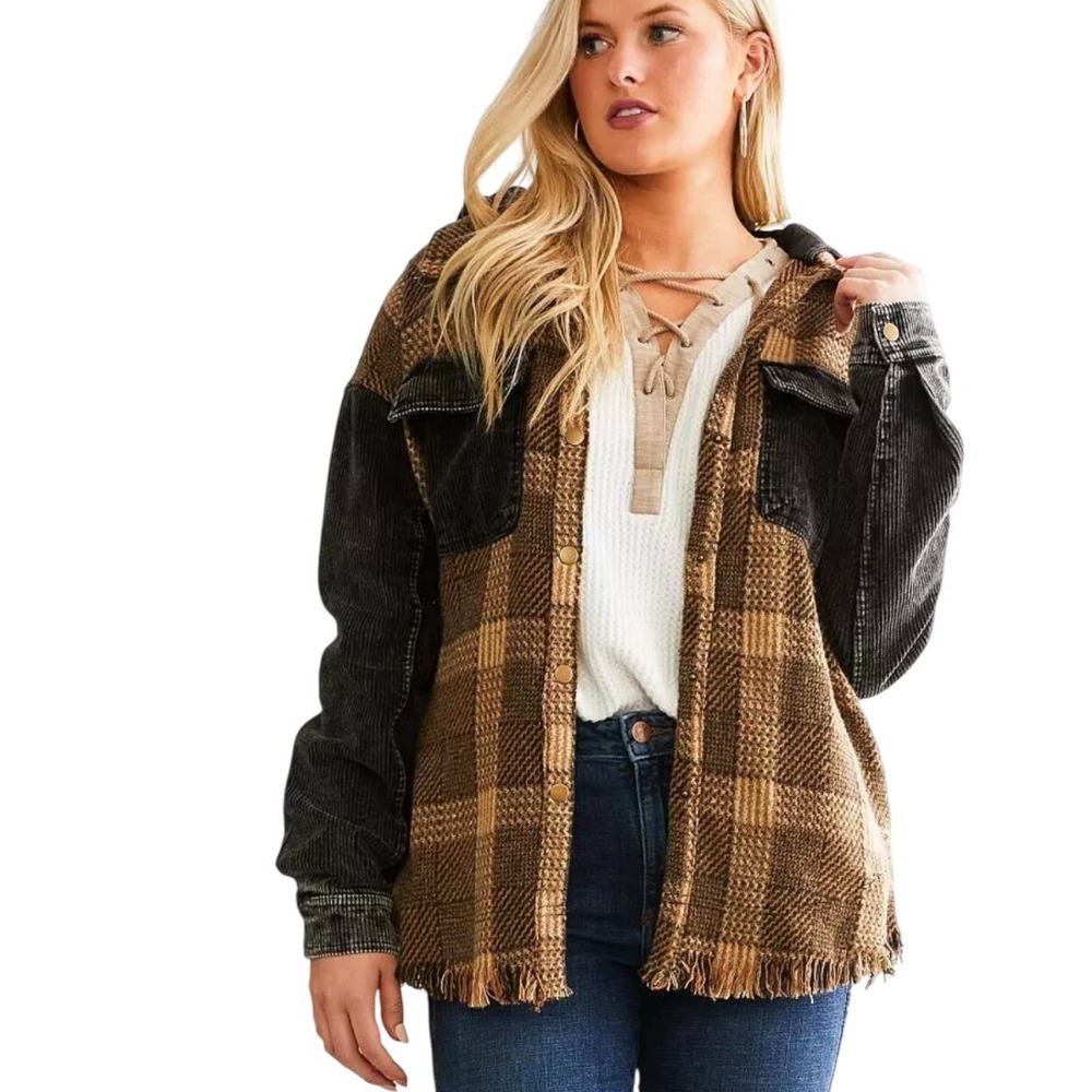 Plaid Corduroy Jacket Hooded Shacket Shirt Jacket Womens Brown Black